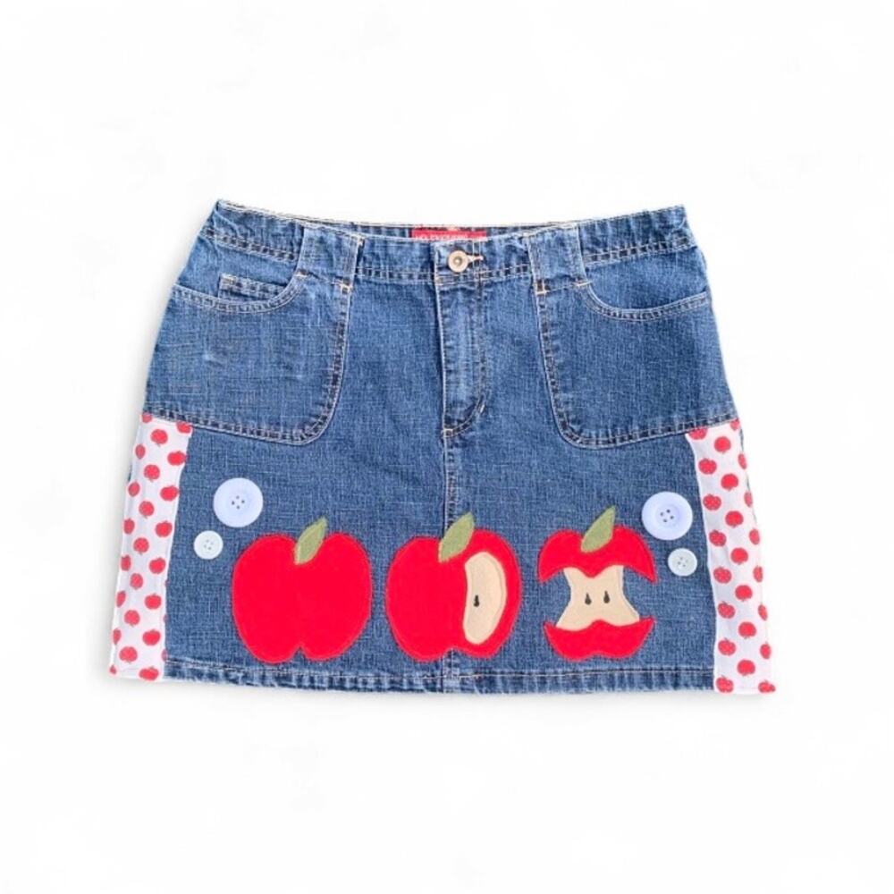 Custom Upcycled No Excuses Y2K Apple Patchwork Denim Mini Skirt 7